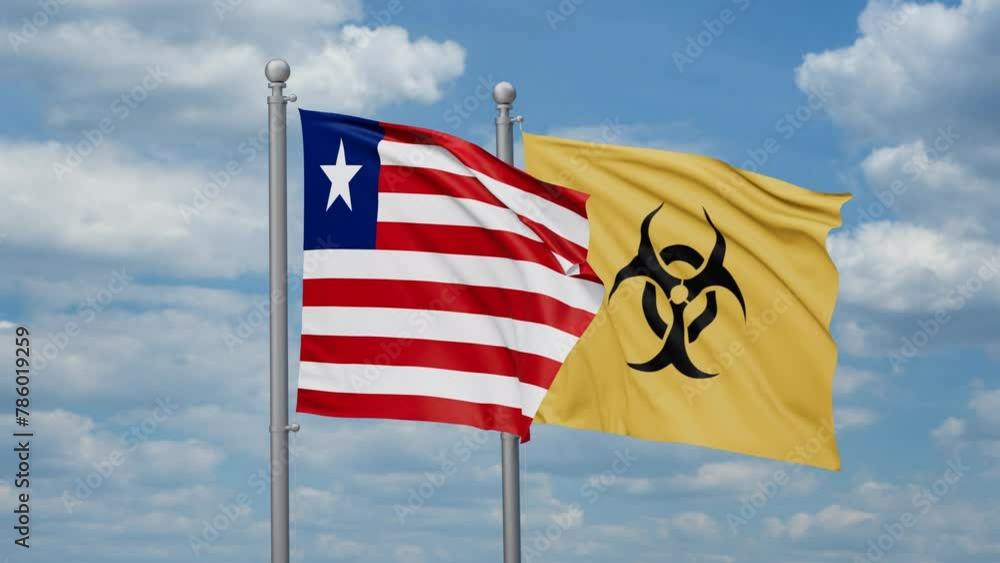 Liberia and Biological hazard flags waving together on looped video, toxic hazard and pollution warning concept Liberia and Biological hazard flags waving together on looped video, toxic hazard and pollution warning concept