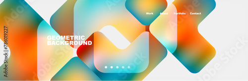 A vibrant abstract background filled with liquid azure, water fluid orange geometric shapes on a white canvas, resembling a colorful organism petal in an aqua balloon material property
