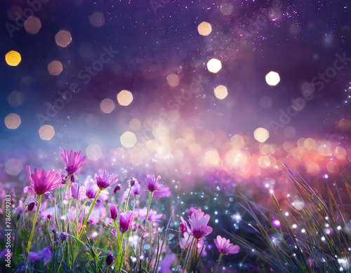 a dreamlike view of purple flowers in the meadow with bokeh lights background