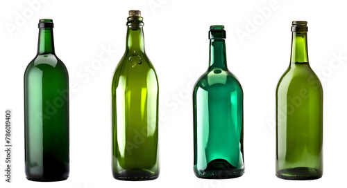 Set of four old green bottles. Empty wine bottle on the transparent background.