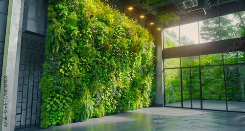 A large green wall with plants growing out of it