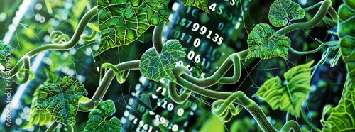 Digital solutions for sustainable chemistry visualized as software code intertwining with green vines, innovation growing alongside nature, harmonious and forward-thinking,  photo