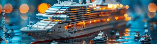 Modern LEGO cruise ship, miniature vacationers on deck, luxurious and detailed 8K , high-resolution, ultra HD,up32K HD photo