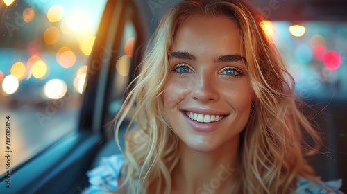 A closeup photo of a blond woman smiling as she rides in the backseat of a taxi, city lights reflecting in the window