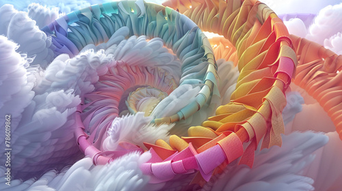Rainbow fabric ribbons entwine soft clouds  creating a 3D dreamlike journey.
