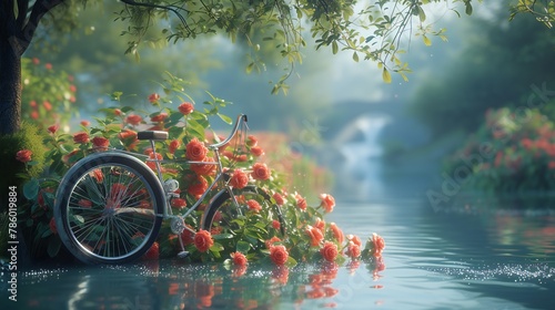 Elegant roses adorn a bicycle as it meanders along a peaceful riverbank, serenaded by the gentle flow of water. photo