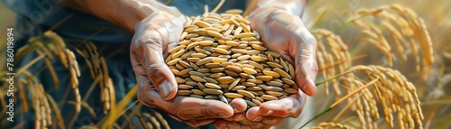 Hands holding a bounty of rice plants, detailed oil painting, textures of grains and fingers highlighted, abundance of harvest,  photo