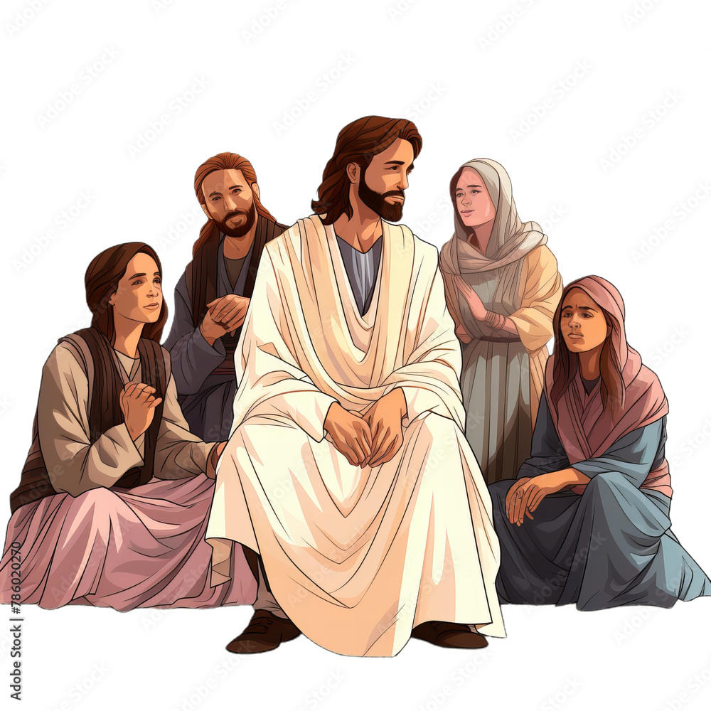 A watercolor illustration of Jesus,  group of people in a row