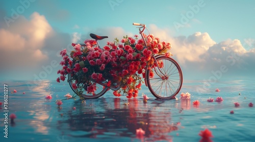 Floral Ride: A bicycle adorned with blooming flowers moves gracefully against a backdrop of calming waves.