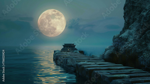 Full moon Above surface sea or the lake. A stone altar