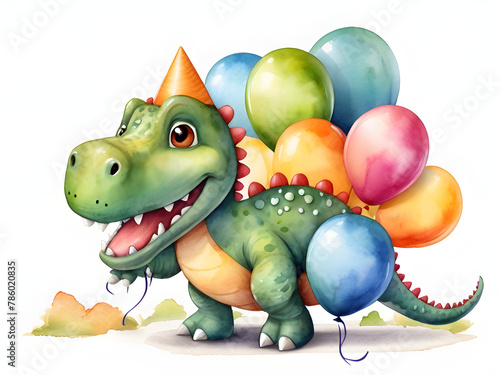 3d Watercolor illustration of cute dinosaur cartoon  with colorful balloons. Greeting birthday card, poster, banner for children. White background, copy space. © mwaqar