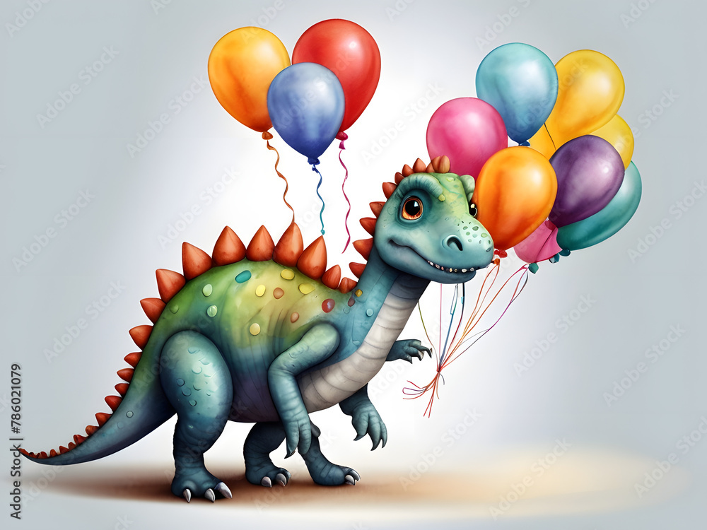 Fototapeta premium 3d Watercolor illustration of cute dinosaur cartoon with colorful balloons. Greeting birthday card, poster, banner for children. White background, copy space.