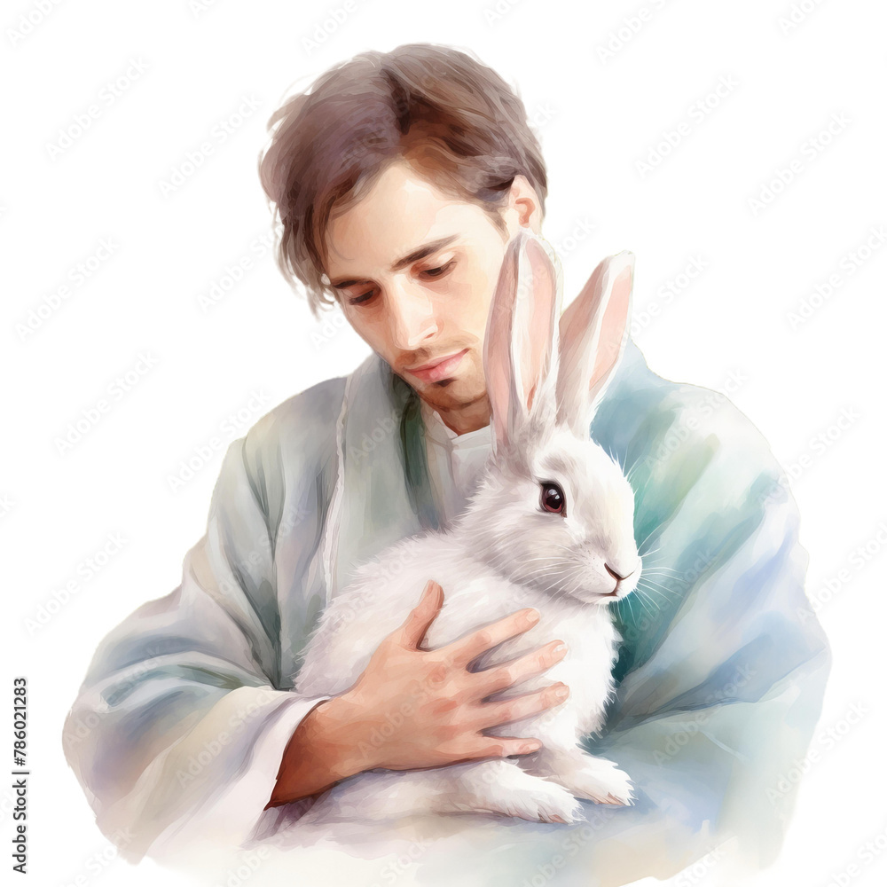 A watercolor illustration of Jesus, child with rabbit A watercolor illustration of Jesus, child with rabbit