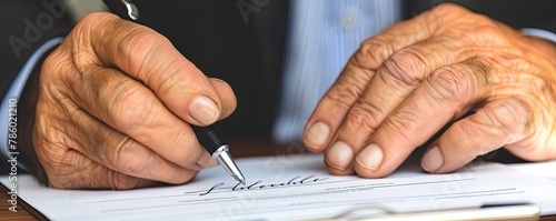 man's hand holding a black pen while signing a document, depicting finalizing a deal or agreement photo