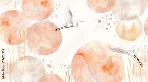 Tranquil egret flight patterns adorn watercolor circles in soft apricot and champagne. photo