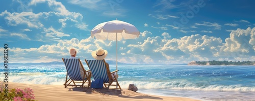 Two seniors enjoying a peaceful moment on a sandy beach with a clear view of the ocean, representing relaxation and companionship