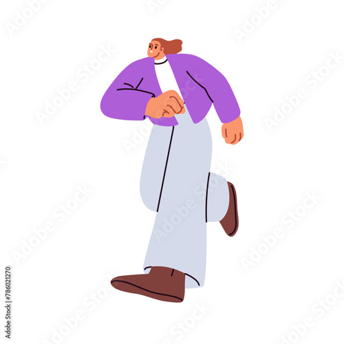 Anxious nervous woman running in fear, panic. Worried scared restless concerned female hurrying, rushing. Tensed stressed busy person in anxiety. Flat vector illustration isolated on white background