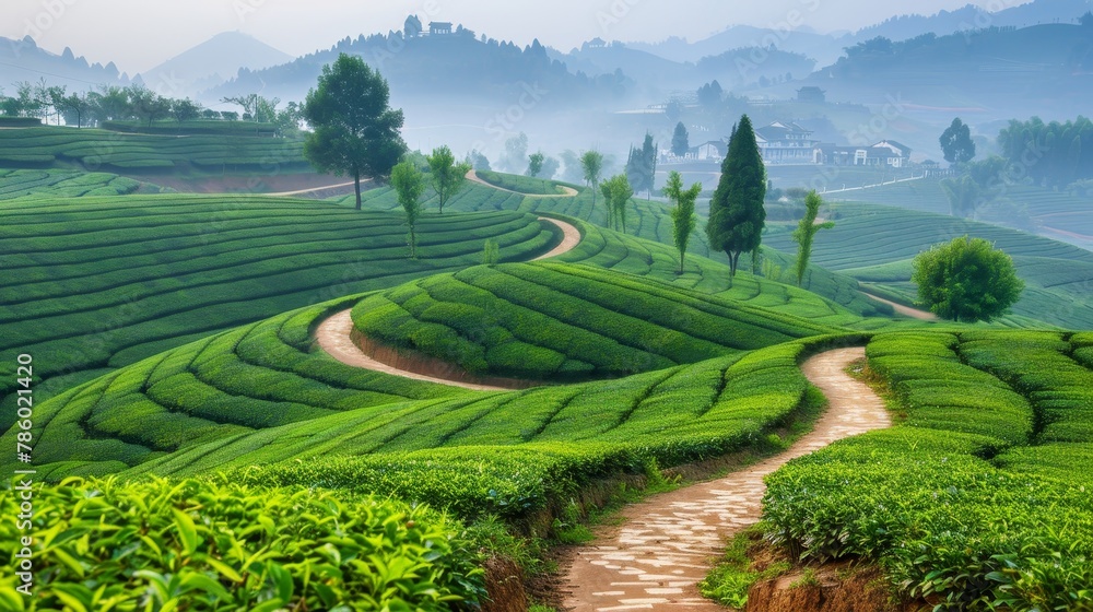 Tranquil misty green hills with lush vegetation and winding path in scenic landscape
