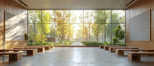 Minimalist Future Classroom with Nature View. Concept Nature-Inspired Learning Spaces, Sustainable Classroom Design, Mindful Teaching Practices, Biophilic Elements photo