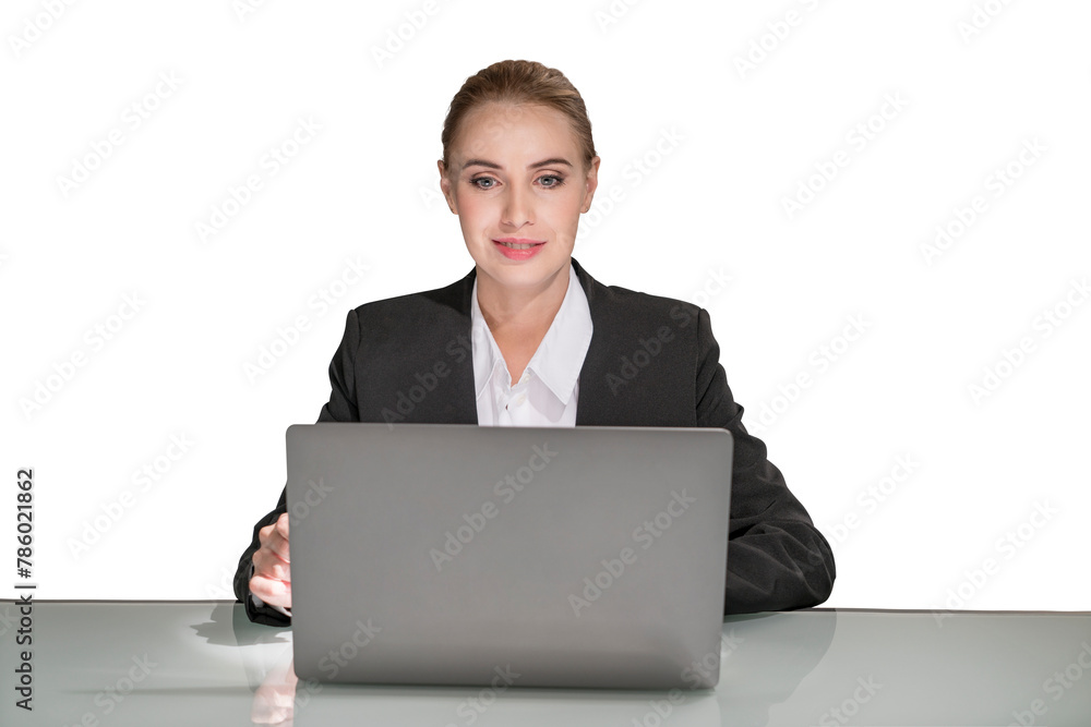 A professional woman in a business suit working on her laptop, posed against an isolated white background, depicting a business concept A professional woman in a business suit working on her laptop, posed against an isolated white background, depicting a business concept