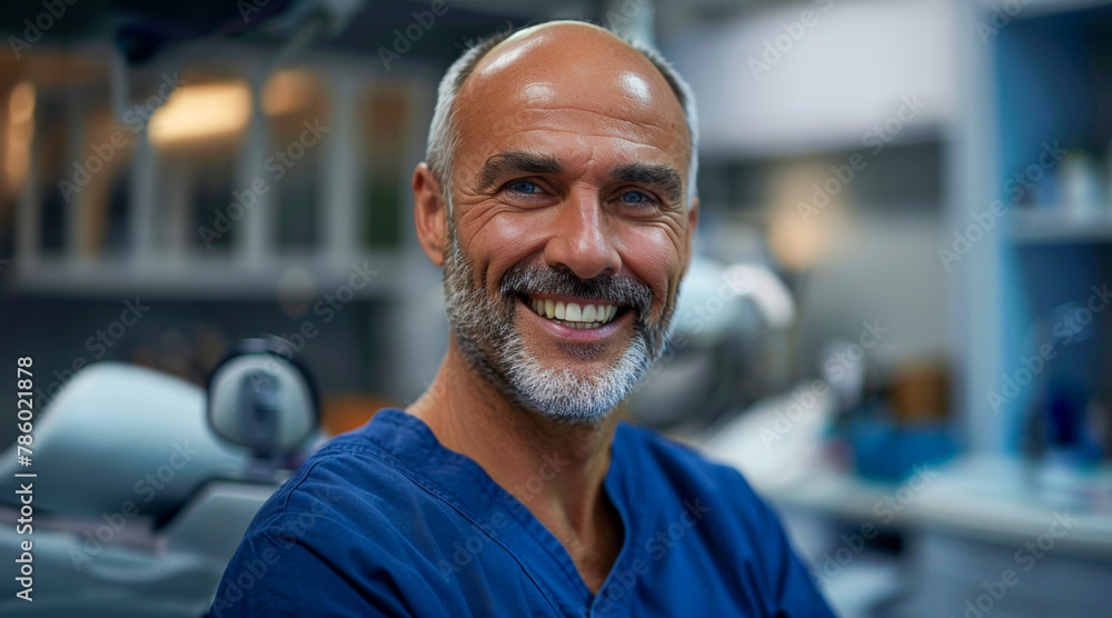 A man in a blue scrubs is smiling in front of a dental chair A man in a blue scrubs is smiling in front of a dental chair