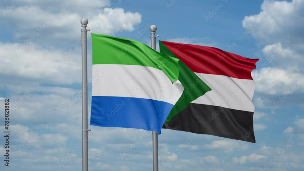Sudan and Sierra Leone two flags waving together, looped video, two country cooperation concept Sudan and Sierra Leone two flags waving together, looped video, two country cooperation concept