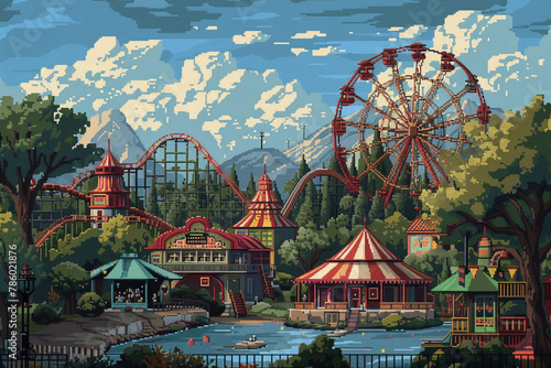 2d pixel art theme park, amusement ferris wheel,16 bit, 32 bit, game art