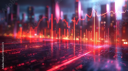 A highquality 3D graph showing stock market trends with arrows and bar graphs that illuminate in a neonlit financial district