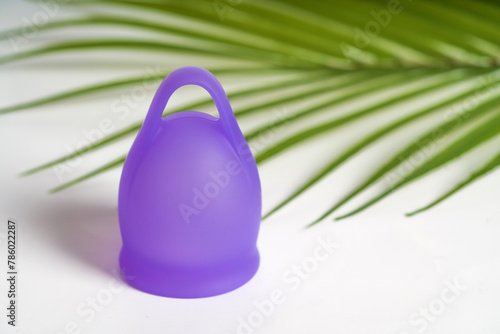 Purple Menstrual Cup with Tropical Plant Leaf: Eco-Friendly, Zero Waste