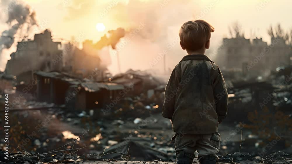 Destroyed city by war. Sad Child looking at his home back view,Fire burning and smoke moving. Kid looking at the destroyed world around them. 4k video. Destroyed city by war. Sad Child looking at his home back view,Fire burning and smoke moving. Kid looking at the destroyed world around them. 4k video.