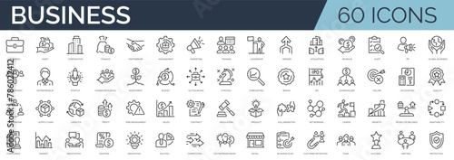 Set of 60 outline icons related to business. Linear icon collection. Editable stroke. Vector illustration