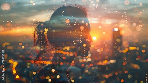 Closeup abstract portrait of young woman at sunset double exposure blurred bokeh city light with skyscrapers