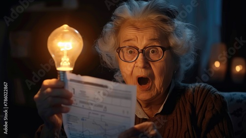 An elderly mature woman senior screams and gets angry because of the increase in utility bills for light. Negative emotion facial expression. Financial crisis bad news photo