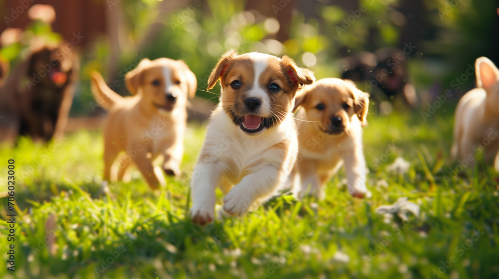 A playful scene with puppies chasing each other