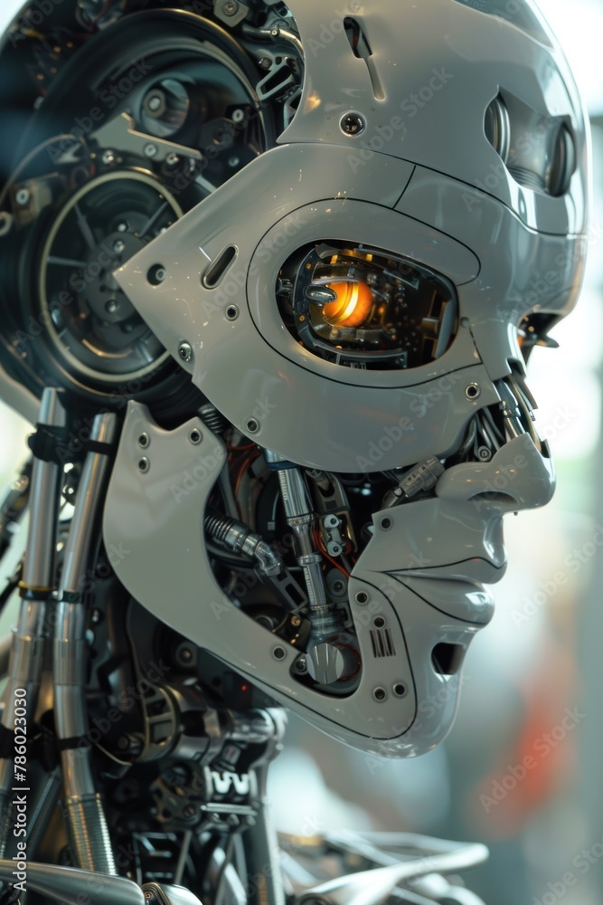 A robot is depicted with its head turned to the side, showcasing its advanced articulation capabilities. The mechanical being appears to be observing its surroundings with precision and efficiency A robot is depicted with its head turned to the side, showcasing its advanced articulation capabilities. The mechanical being appears to be observing its surroundings with precision and efficiency