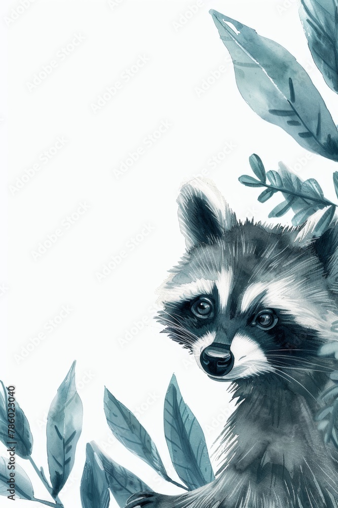 Obraz premium Whimsical Raccoon Among Watercolor Leaves Art