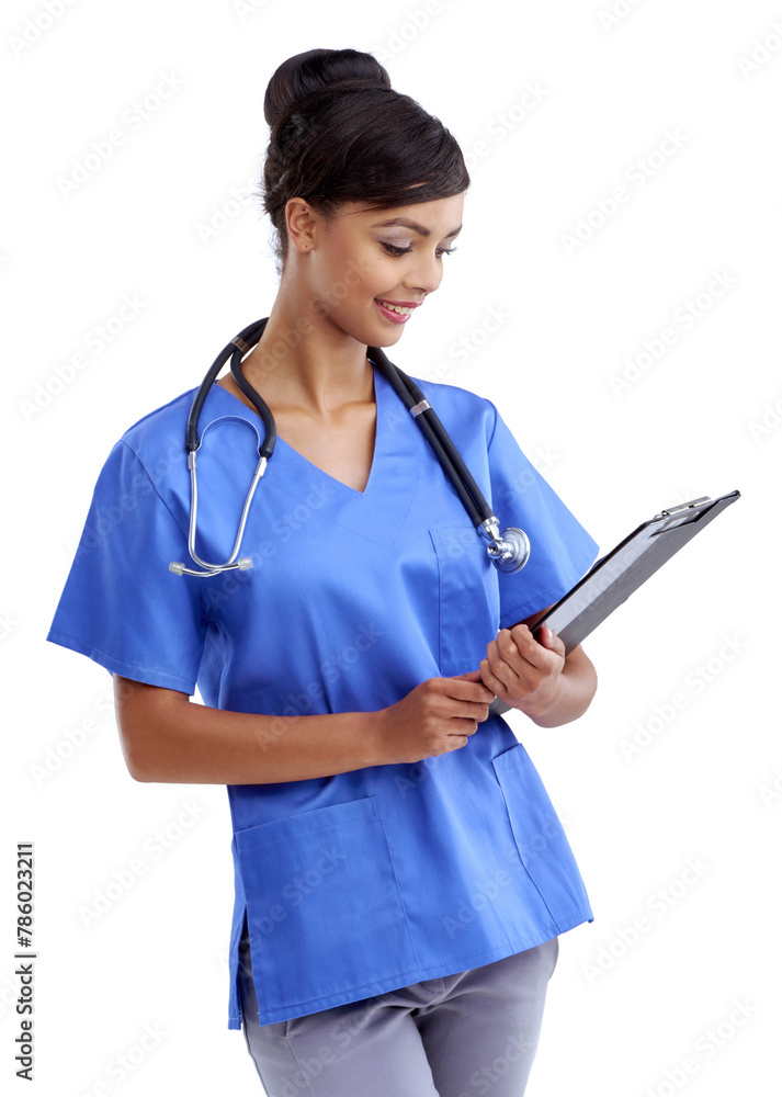Nurse, woman and documents in studio for healthcare information, results and charts. Medical worker, student or resident physician reading clipboard for clinic training program on white background Nurse, woman and documents in studio for healthcare information, results and charts. Medical worker, student or resident physician reading clipboard for clinic training program on white background