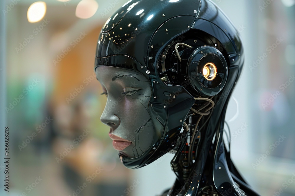 A robot is standing in a room with a large glass window, looking out onto an unknown landscape. The metallic figure contrasts with the modern interior, creating a futuristic scene A robot is standing in a room with a large glass window, looking out onto an unknown landscape. The metallic figure contrasts with the modern interior, creating a futuristic scene