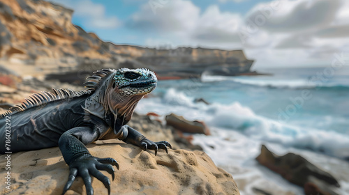 A sea iguana basking in the sun on La Jolla Beach, San Diego, California, with rugged cliffs and waves crashing against them in the background photo