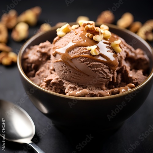 Hazelnut gelato ice cream scoops in a cup, on top with nutty and Chocolate syrup, black background 