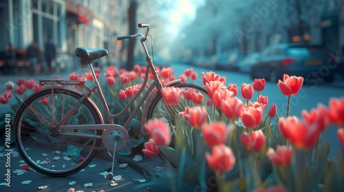 Tulip Tranquility: A bicycle, vibrant tulips adorning its frame, brings calm to the busy city streets. #786023478