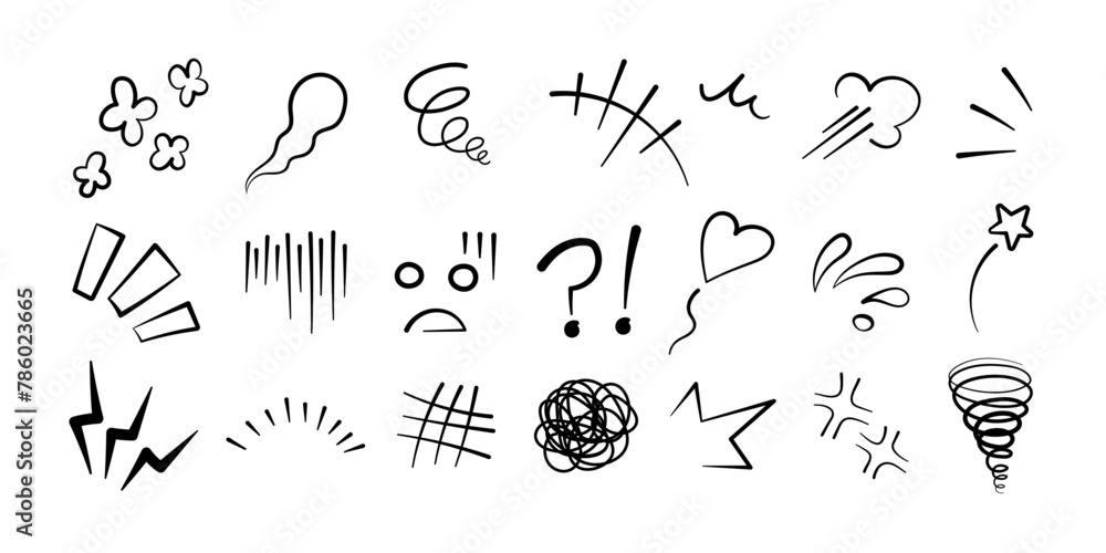 Fototapeta premium Manga or anime comic emoticon element graphic effects hand drawn doodle vector illustration set isolated on white background. Manga style doodle line expression scribble anime mark collection.