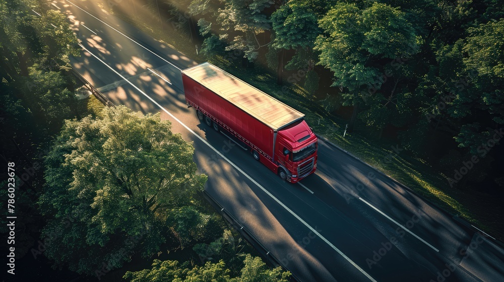 Naklejka premium A red semi truck is driving down a road with trees in the background