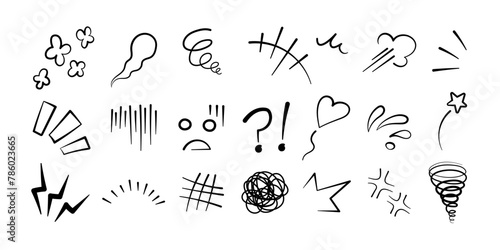 Manga or anime comic emoticon element graphic effects hand drawn doodle vector illustration set isolated on white background. Manga style doodle line expression scribble anime mark collection. photo