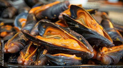 A pile of mussels with orange flesh and black shells