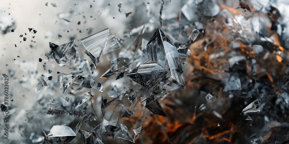 Intricate details of broken glass shards captured mid-air, with contrasting warm background, embodying chaos and fragility