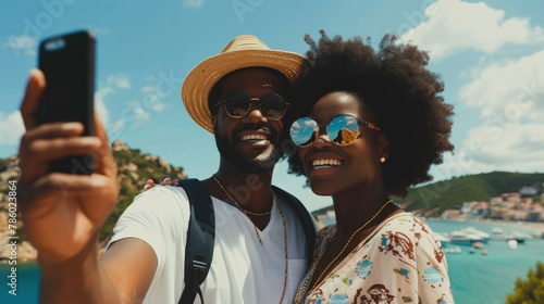 A couple taking a selfie together on vacation. 