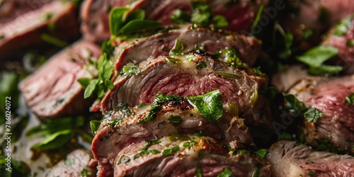 Succulent tender roast beef slices topped with fresh herbs highlighting the juiciness and fine dining experience photo