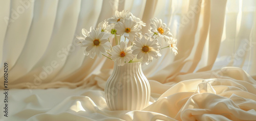 A vase of white flowers sits on a white cloth