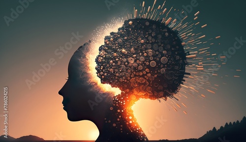 Conceptual image of human head made of gears and cogwheels photo
